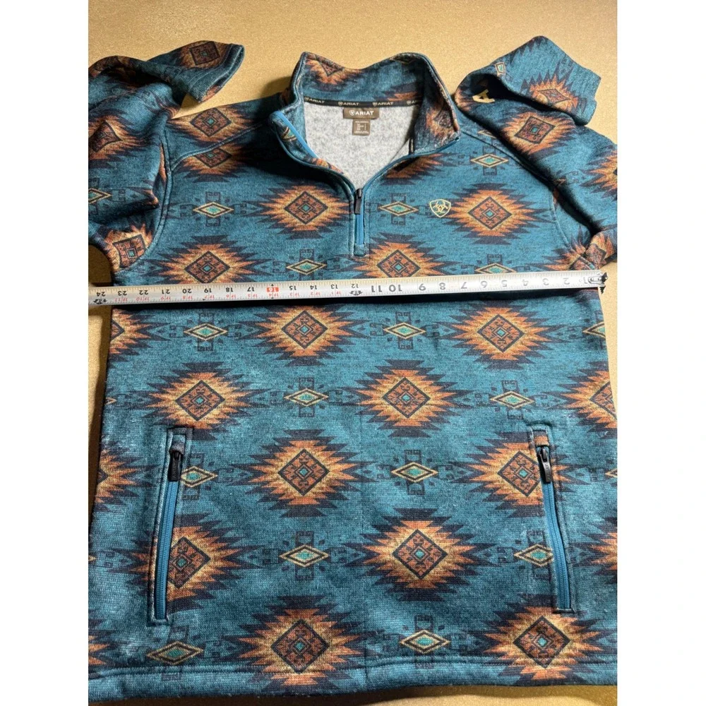 Ariat Mens Large Teal Blue Aztec Southwestern Quarter Zip Fleece Pullover Jacket